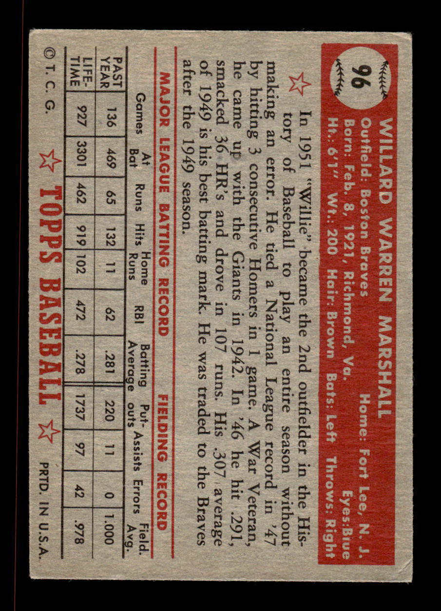 1952 Topps #96 Willard Marshall Boston Braves Crease Free EX HOF-10006722