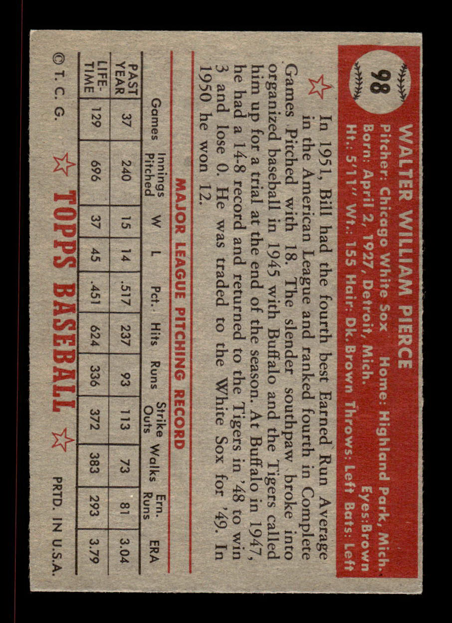 1952 Topps #98 Bill Pierce Chicago White Sox Crease Free EX HOF-10006724