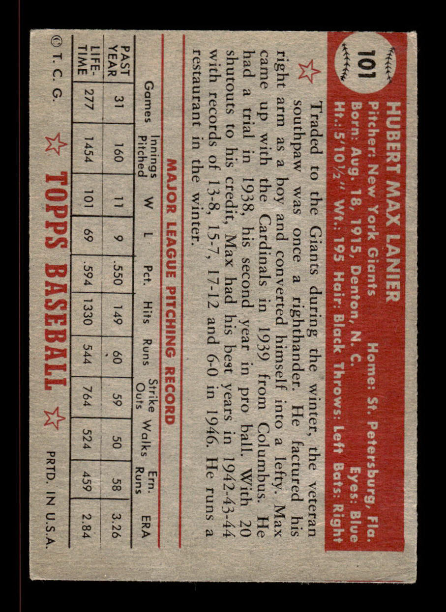 1952 Topps #101 Max Lanier New York Giants Crease Free EX HOF-10006727