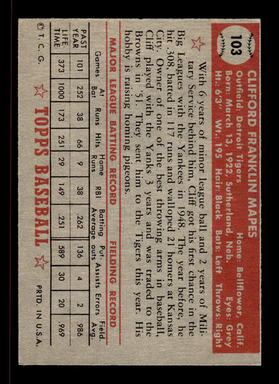 1952 Topps #103 Cliff Mapes Detroit Tigers Crease Free EX HOF-10006729