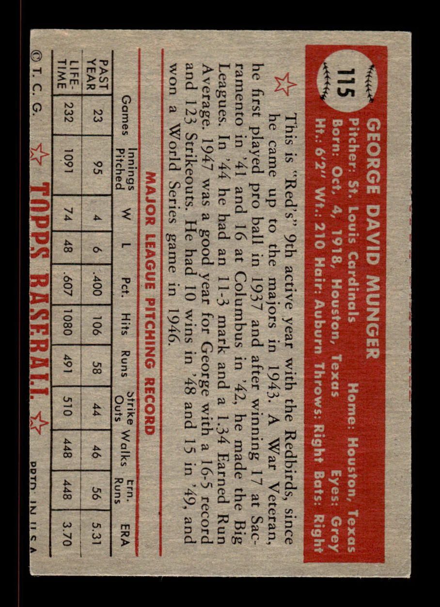 1952 Topps #115 George Munger St. Louis Cardinals Crease Free EX HOF-10006741