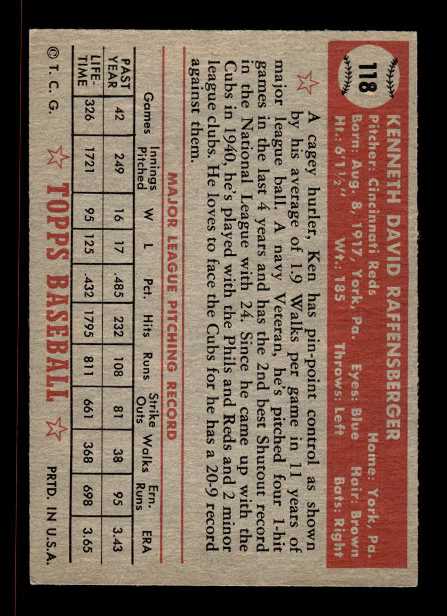 1952 Topps #118 Ken Raffensberger Cincinnati Reds Crease Free EX HOF-10006744