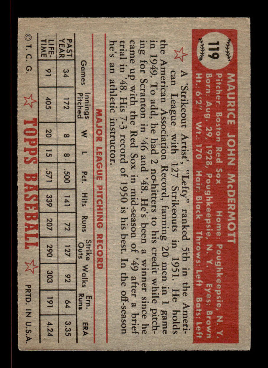1952 Topps #119 Maurice McDermott Boston Red Sox Crease Free EX HOF-10006745