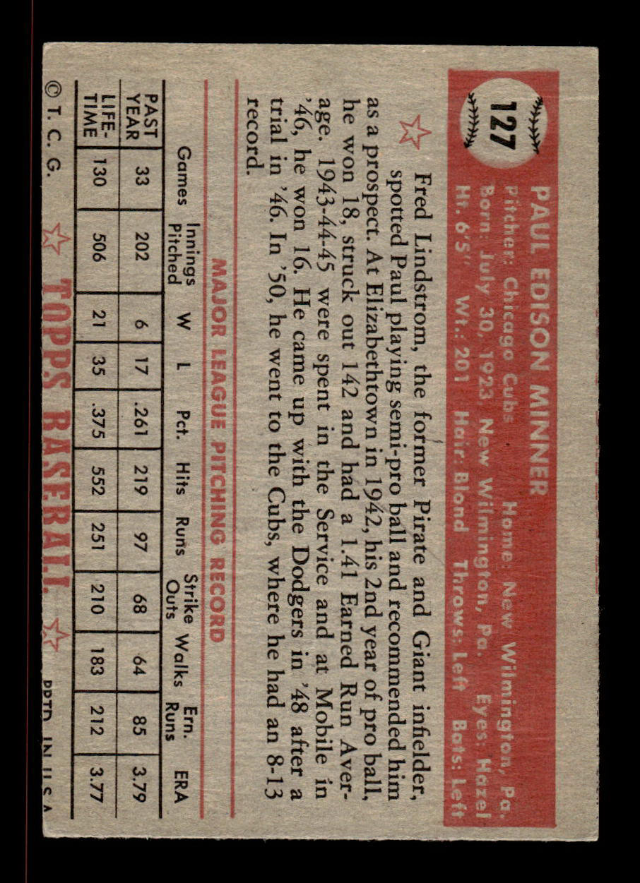 1952 Topps #127 Paul Minner Chicago Cubs Crease Free EX HOF-10006753