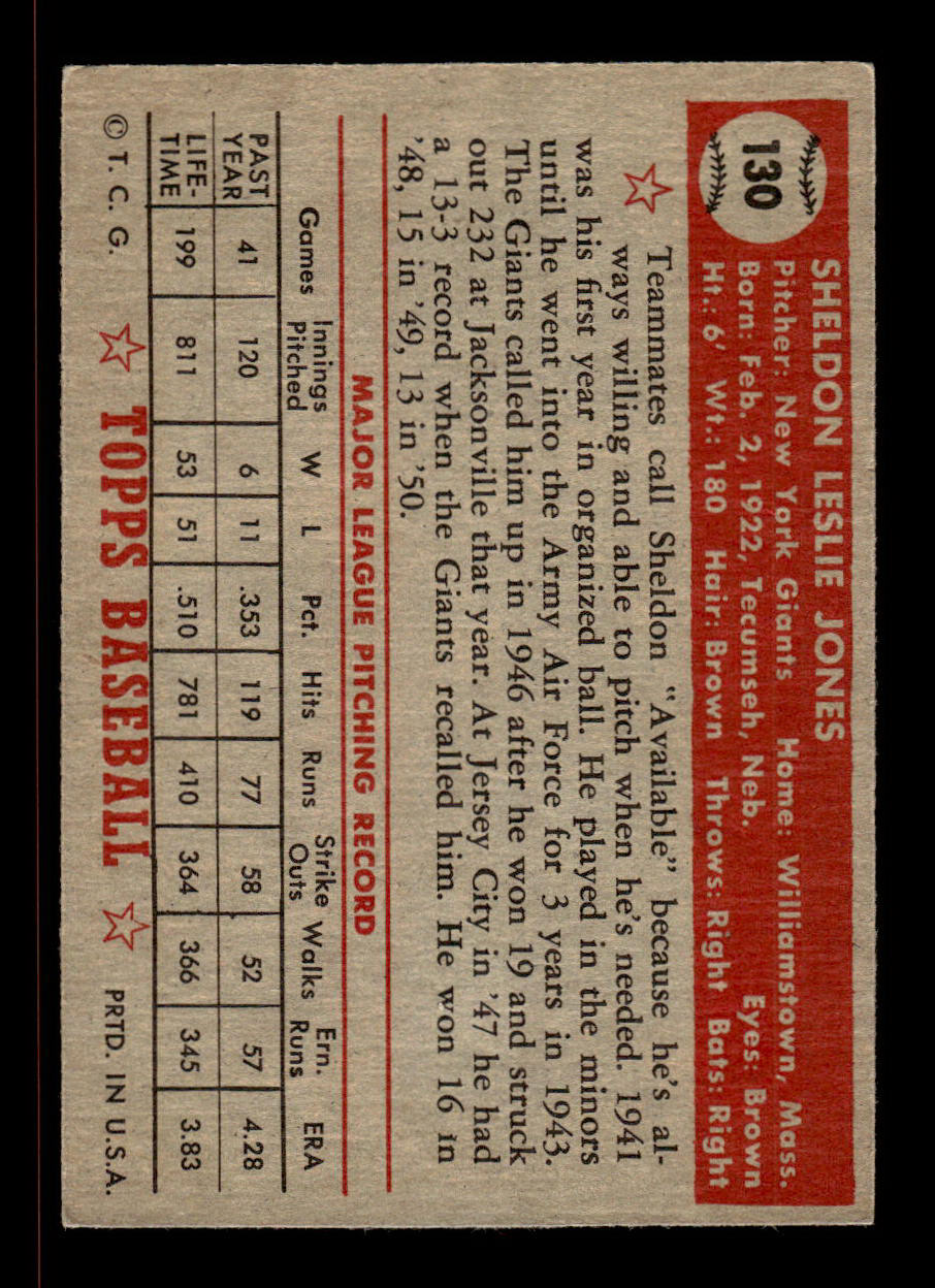 1952 Topps #130 Sheldon Jones New York Giants Crease Free EX HOF-10006756
