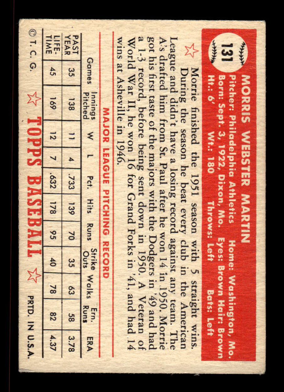 1952 Topps #131 Morrie Martin Philadelphia Athletics Crease Free EX HOF-10006757