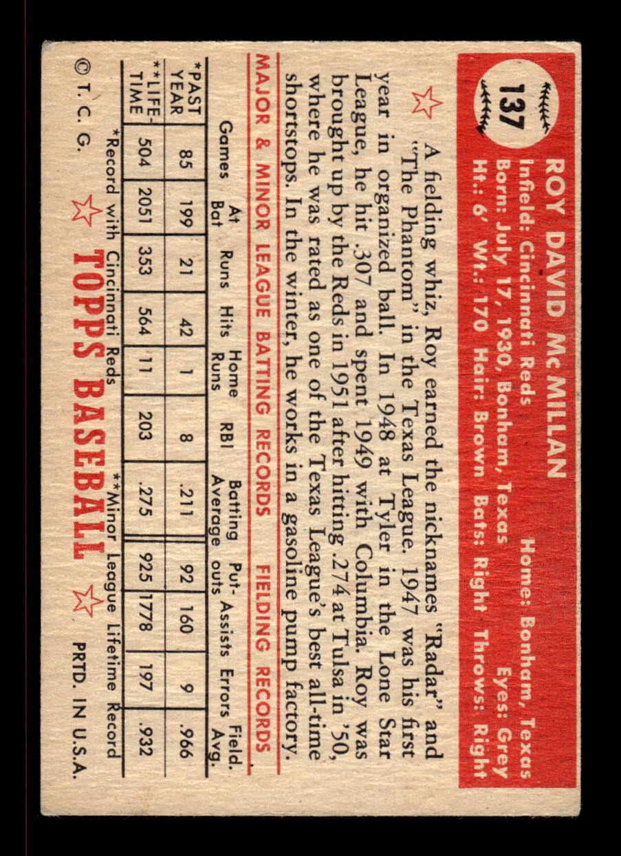 1952 Topps #137 Roy McMillan Cincinnati Reds Crease Free EX HOF-10006763