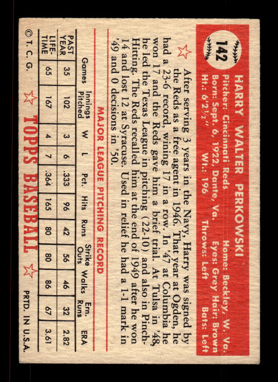 1952 Topps #142 Harry Perkowski Cincinnati Reds Crease Free EX HOF-10006768