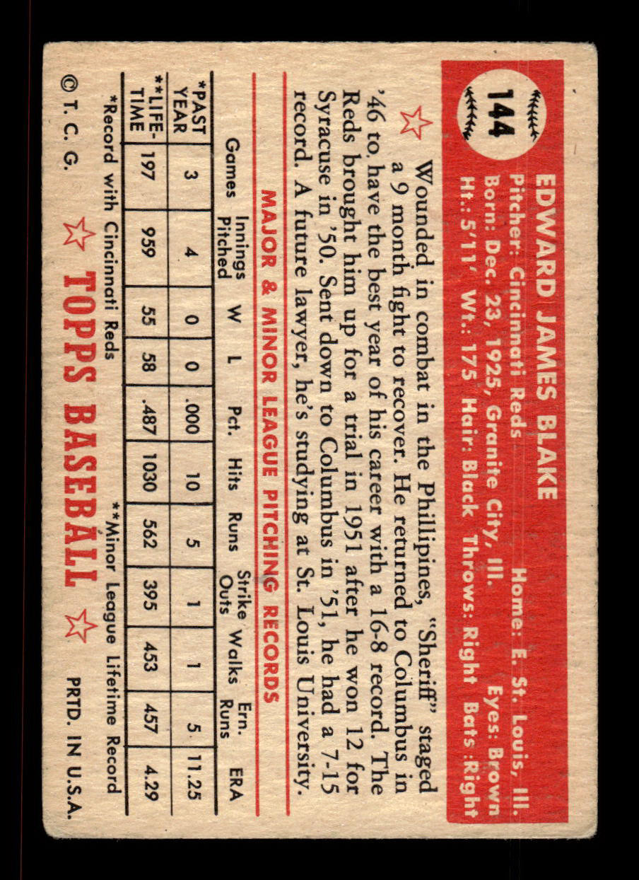 1952 Topps #144 Ed Blake Cincinnati Reds Crease Free EX HOF-10006770