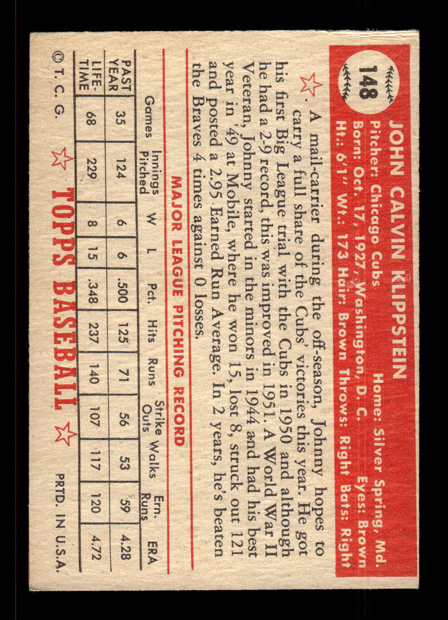 1952 Topps #148 Johnny Klippstein Chicago Cubs Crease Free EX HOF-10006774