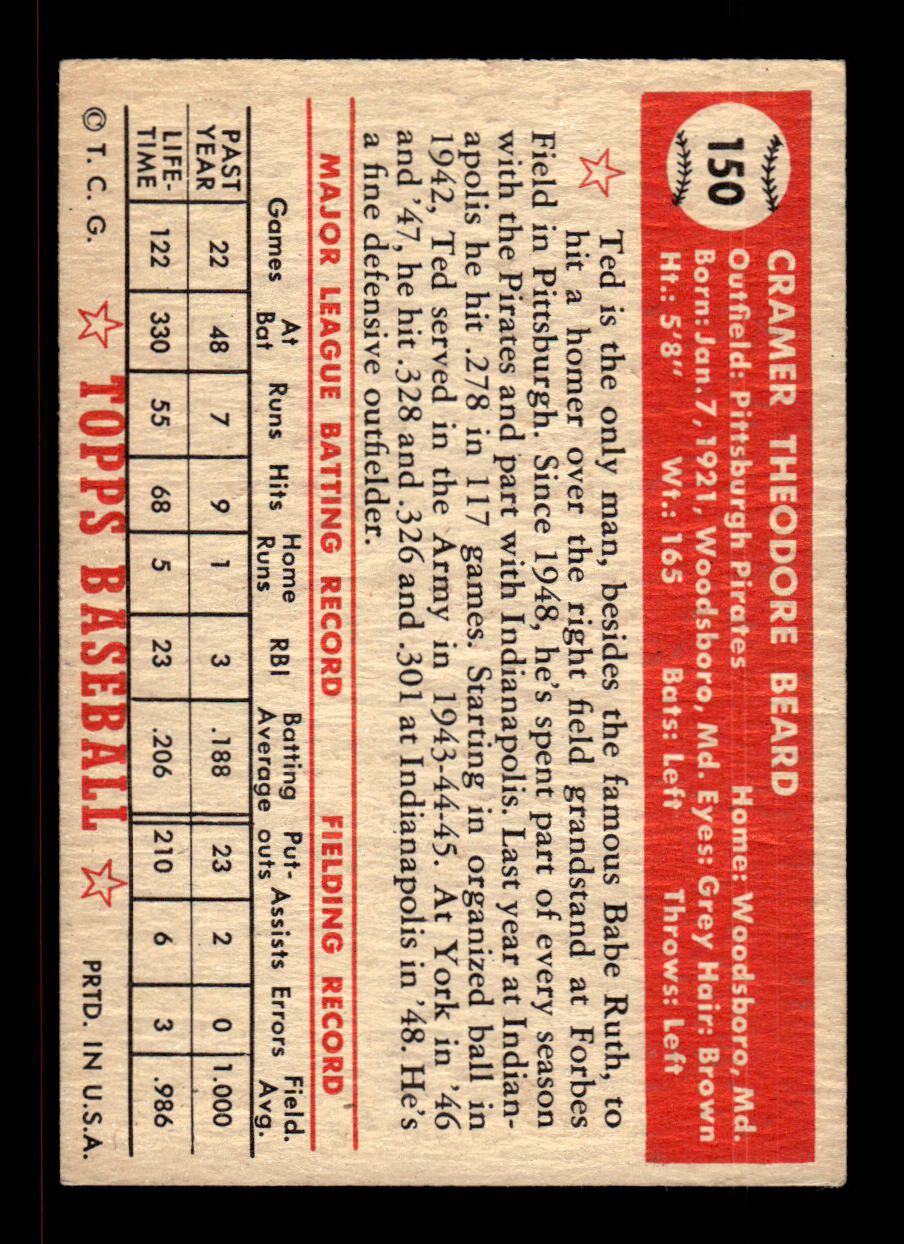 1952 Topps #150 Ted Beard Pittsburgh Pirates Crease Free EX HOF-10006776