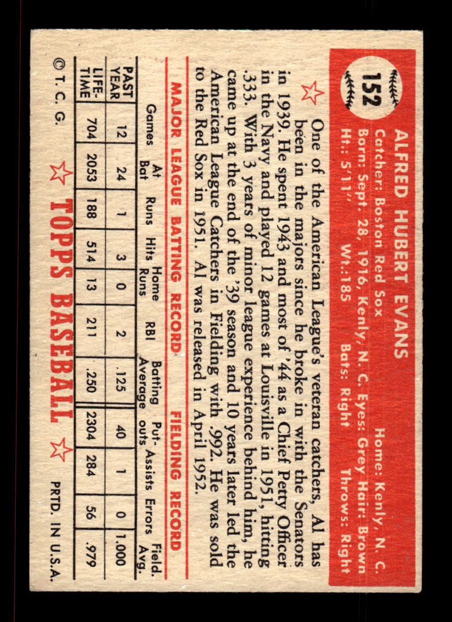 1952 Topps #152 Al Evans Boston Red Sox Crease Free EX HOF-10006877