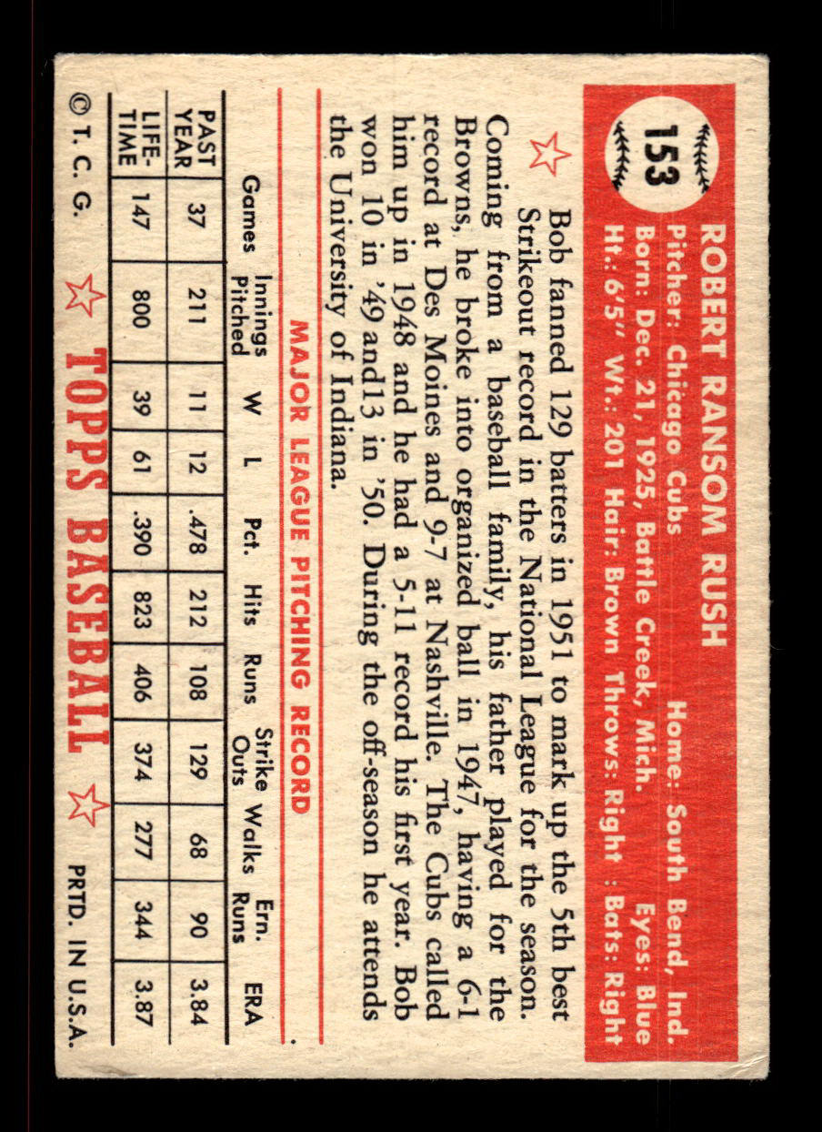 1952 Topps #153 Bob Rush Chicago Cubs Crease Free EX HOF-10006878