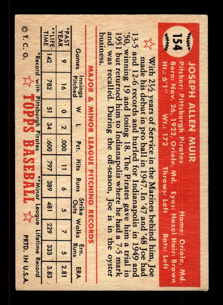 1952 Topps #154 Joe Muir Pittsburgh Pirates Crease Free EXMT HOF-10006879