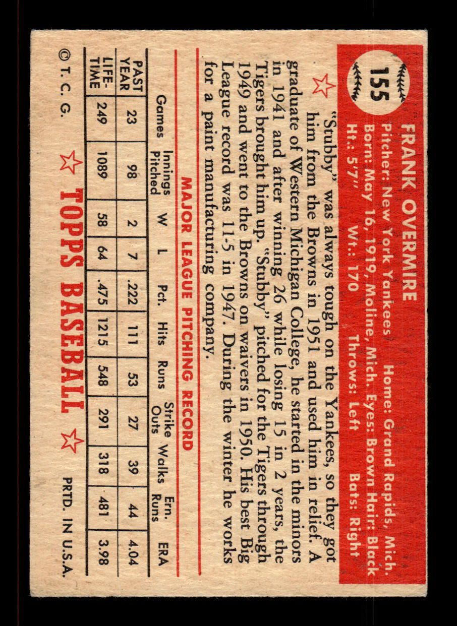 1952 Topps #155 Frank Overmire New York Yankees Crease Free EX HOF-10006880