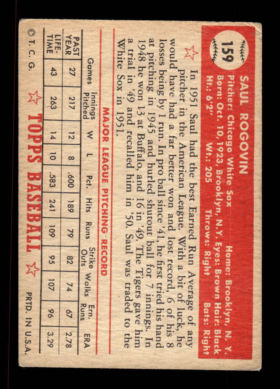1952 Topps #159 Saul Rogovin Chicago White Sox Crease Free EX HOF-10006884