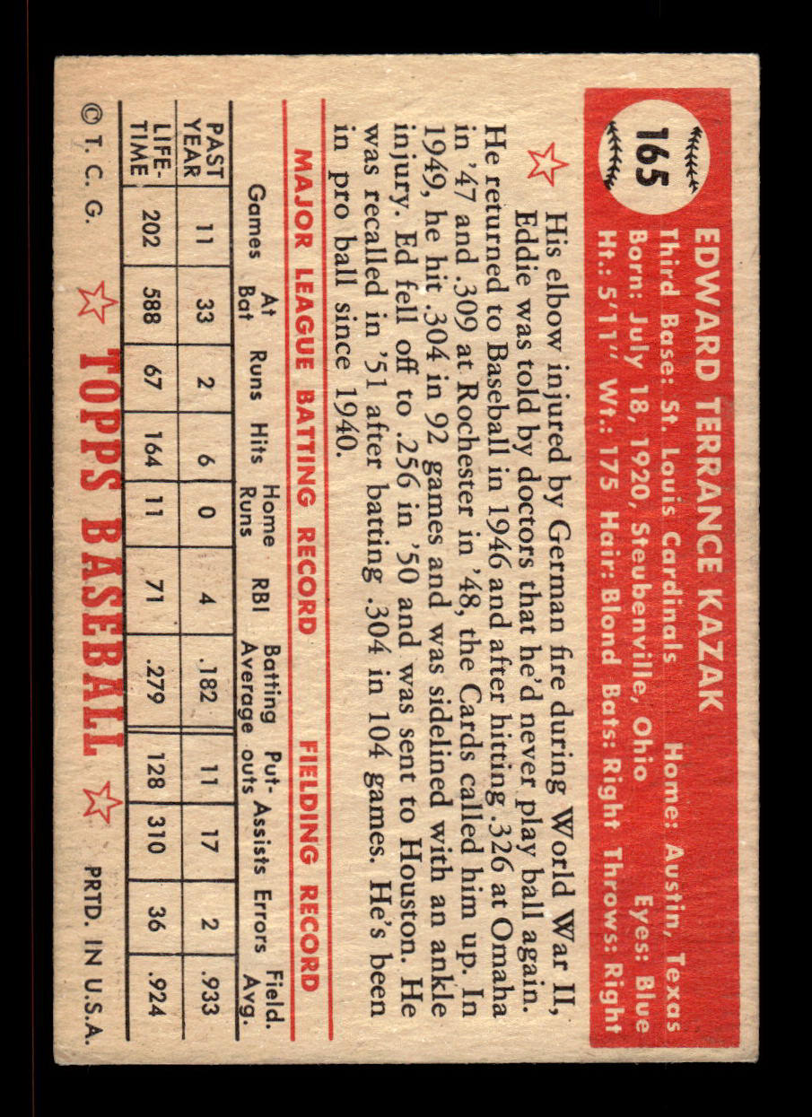 1952 Topps #165 Eddie Kazak St. Louis Cardinals Crease Free EX HOF-10006890