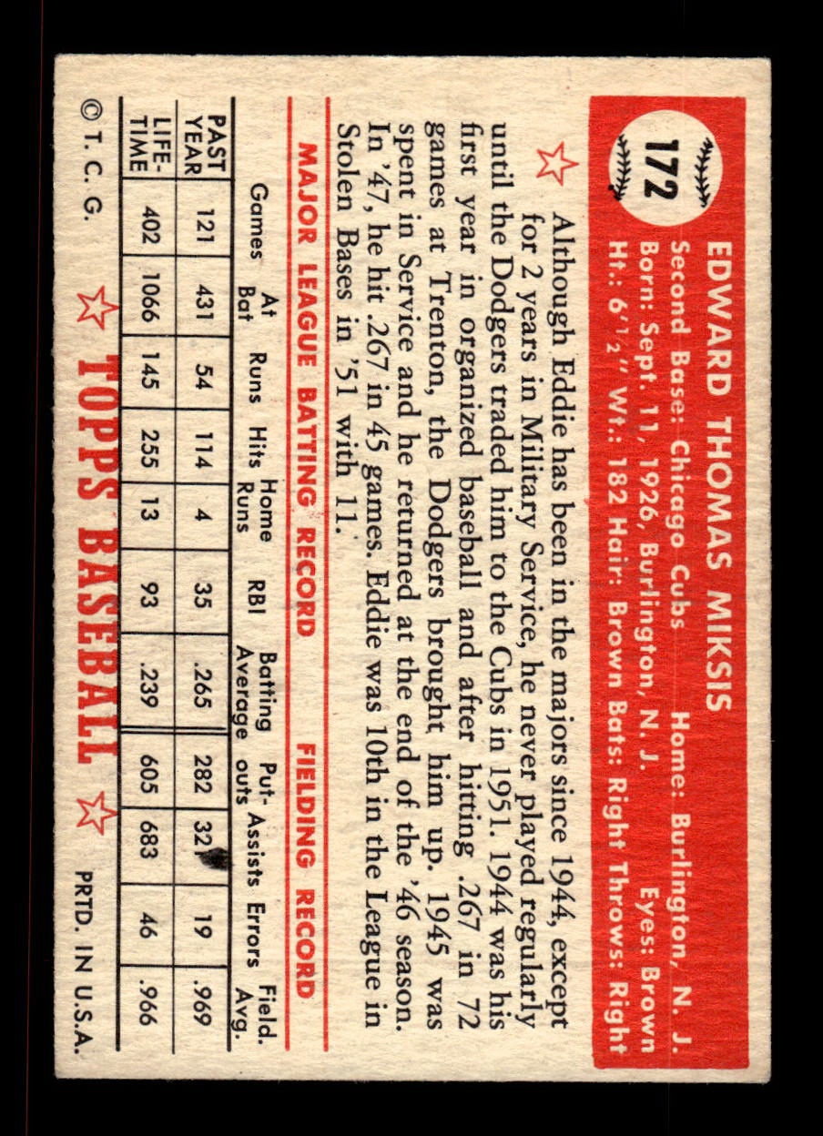 1952 Topps #172 Eddie Miksis Chicago Cubs Crease Free EX HOF-10006897