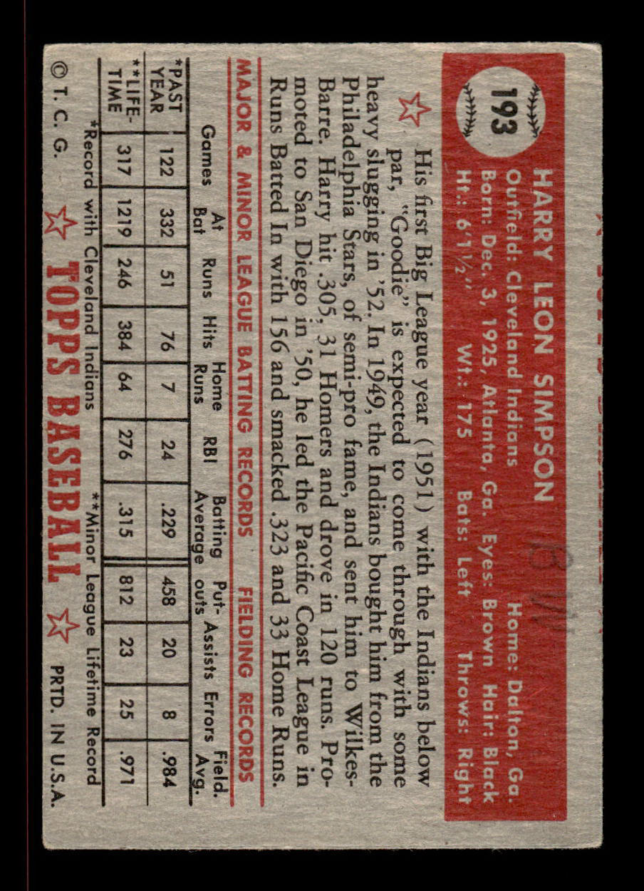 1952 Topps #193 Harry Simpson Cleveland Indians Crease Free EX HOF-10006918