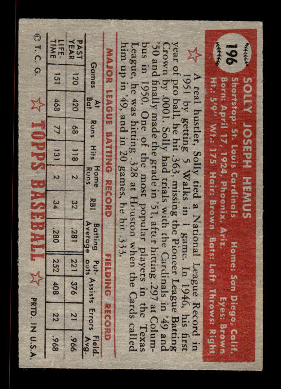 1952 Topps #196 Solly Hemus St. Louis Cardinals Crease Free EX HOF-10006921