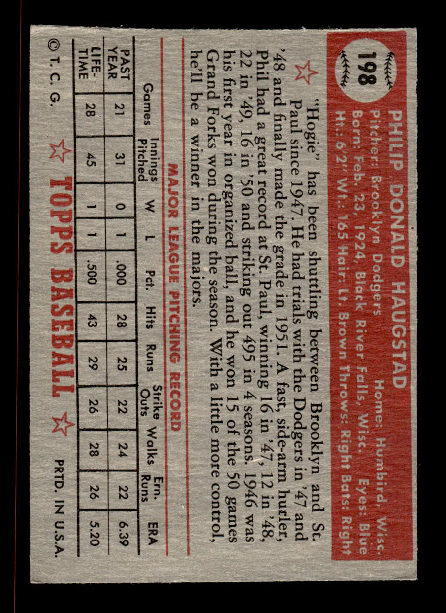 1952 Topps #198 Phil Haugstad Brooklyn Dodgers VGEX HOF-10006923