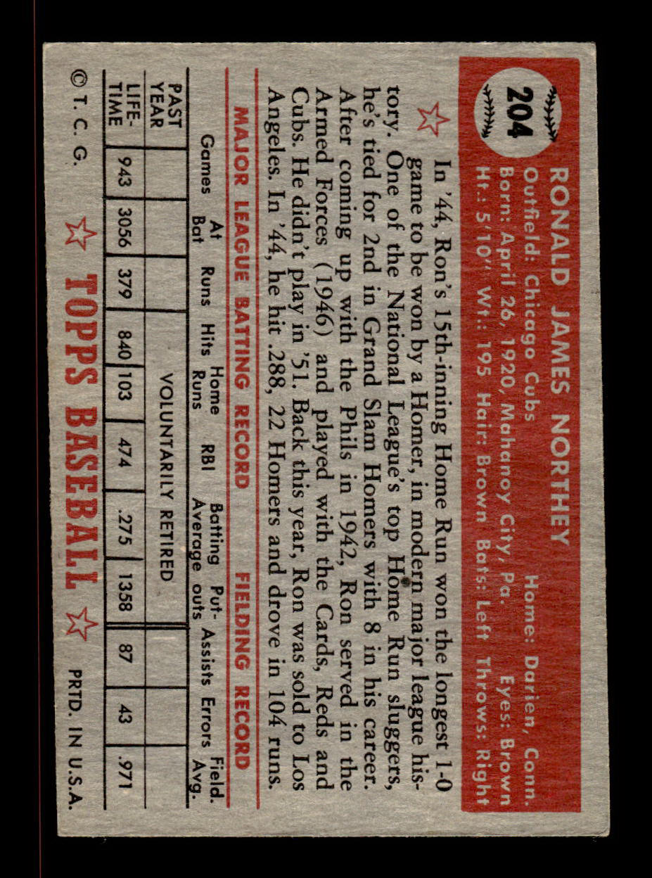 1952 Topps #204 Ron Northey Chicago Cubs VGEX HOF-10006929