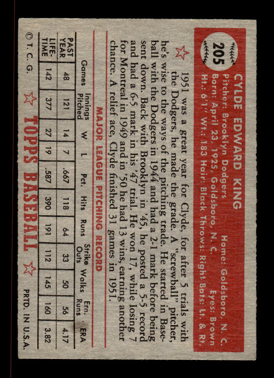 1952 Topps #205 Clyde King Brooklyn Dodgers Crease Free EXMT HOF-10006930