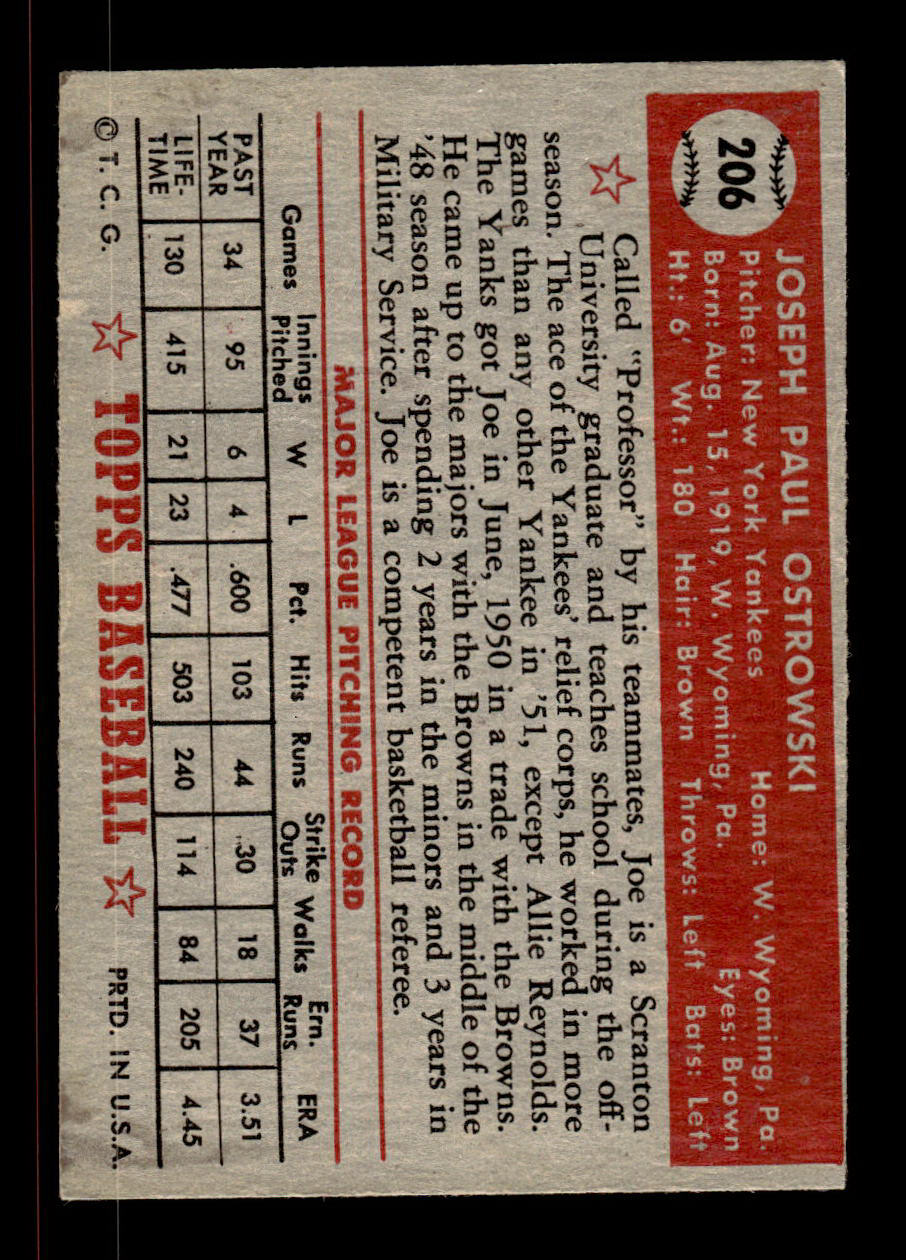 1952 Topps #206 Joe Ostrowski New York Yankees Crease Free EXMT HOF-10006931