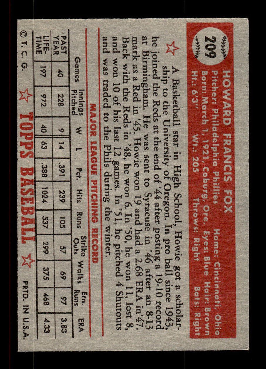 1952 Topps #209 Howie Fox Philadelphia Phillies Crease Free EX HOF-10006934