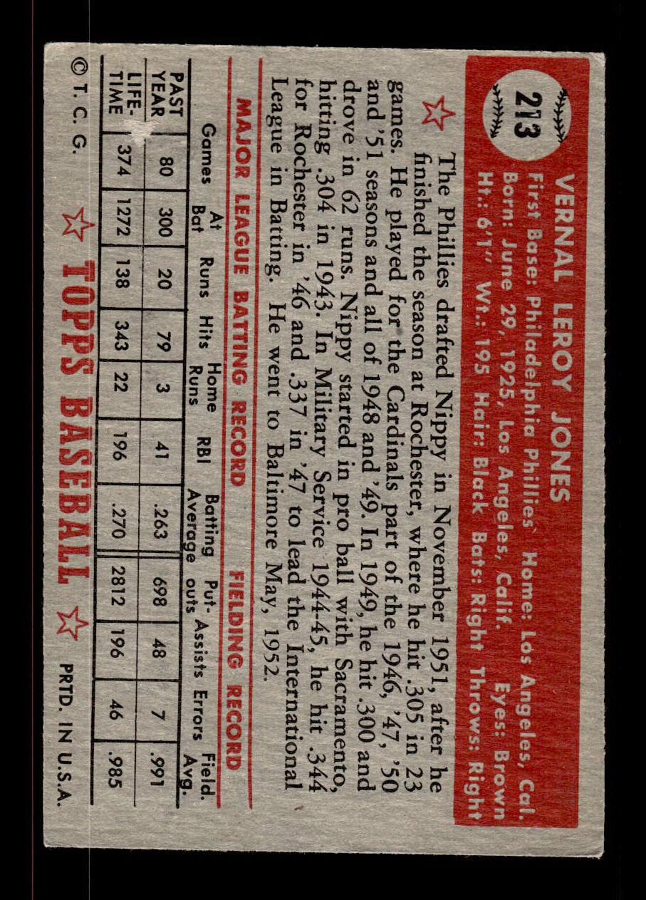 1952 Topps #213 Nippy Jones Philadelphia Phillies Crease Free EX HOF-10006938