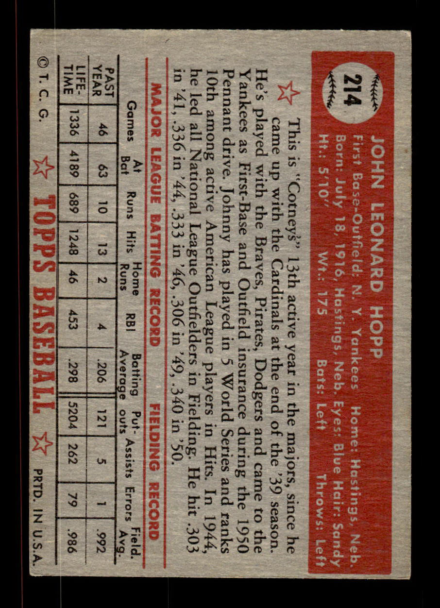 1952 Topps #214 Johnny Hopp New York Yankees Crease Free EX HOF-10006939