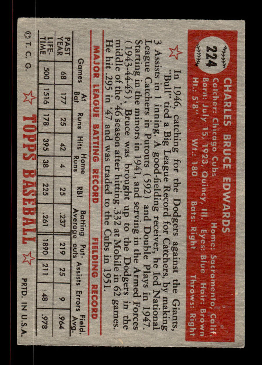 1952 Topps #224 Bruce Edwards Chicago Cubs Crease Free EX HOF-10006949
