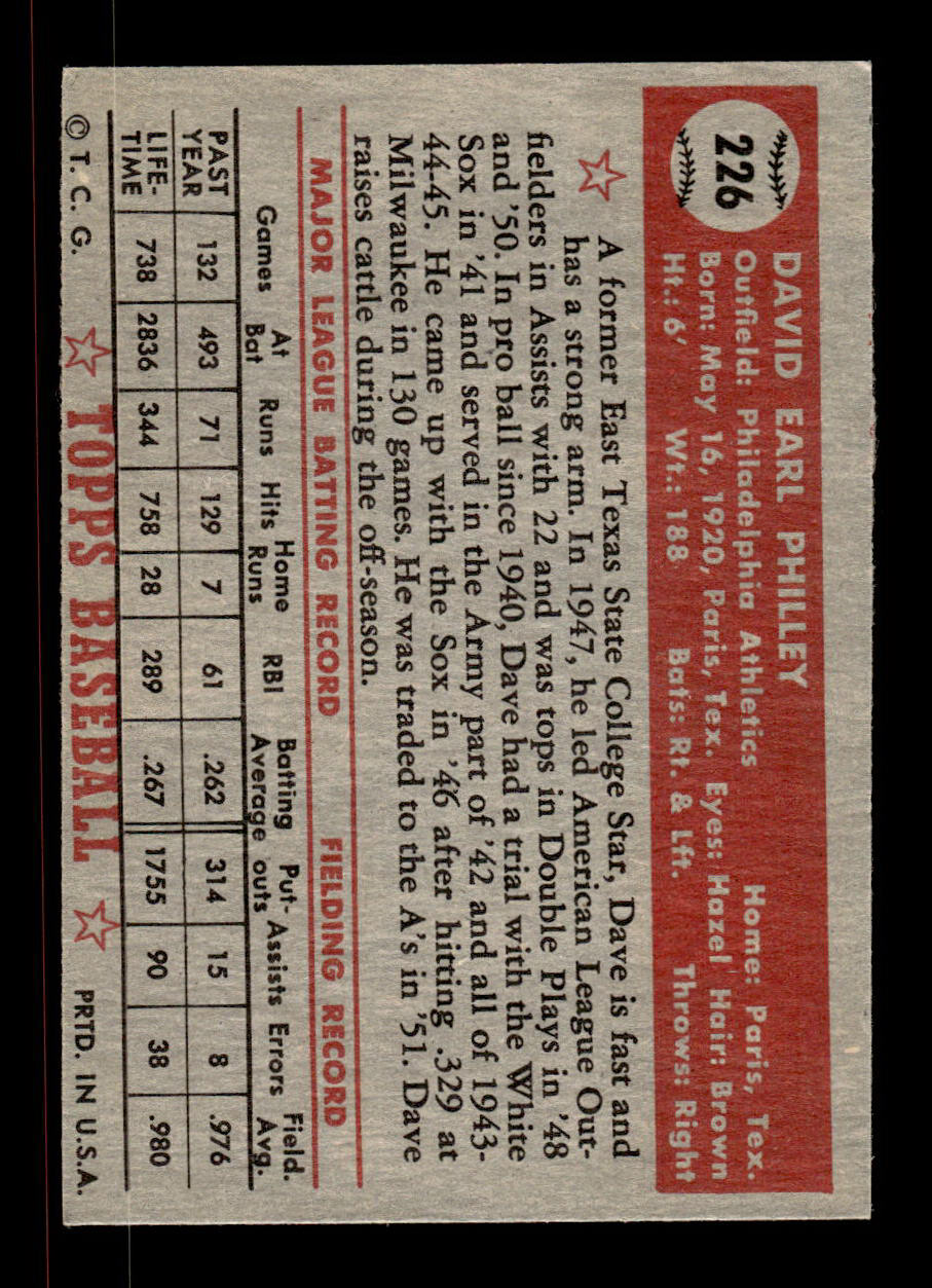 1952 Topps #226 Dave Philley Philadelphia Athletics Crease Free EX HOF-10006951