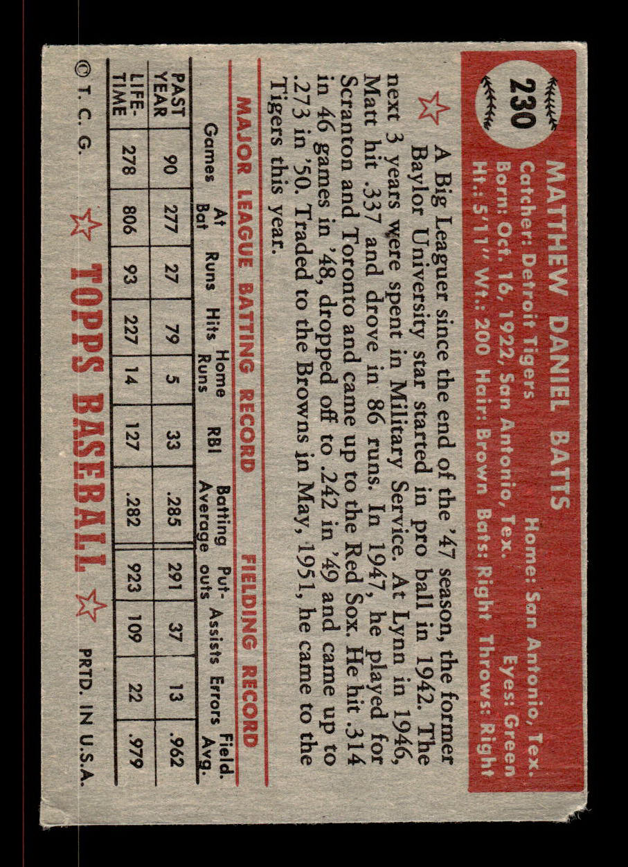 1952 Topps #230 Matt Batts Detroit Tigers Crease Free VGEX HOF-10006955