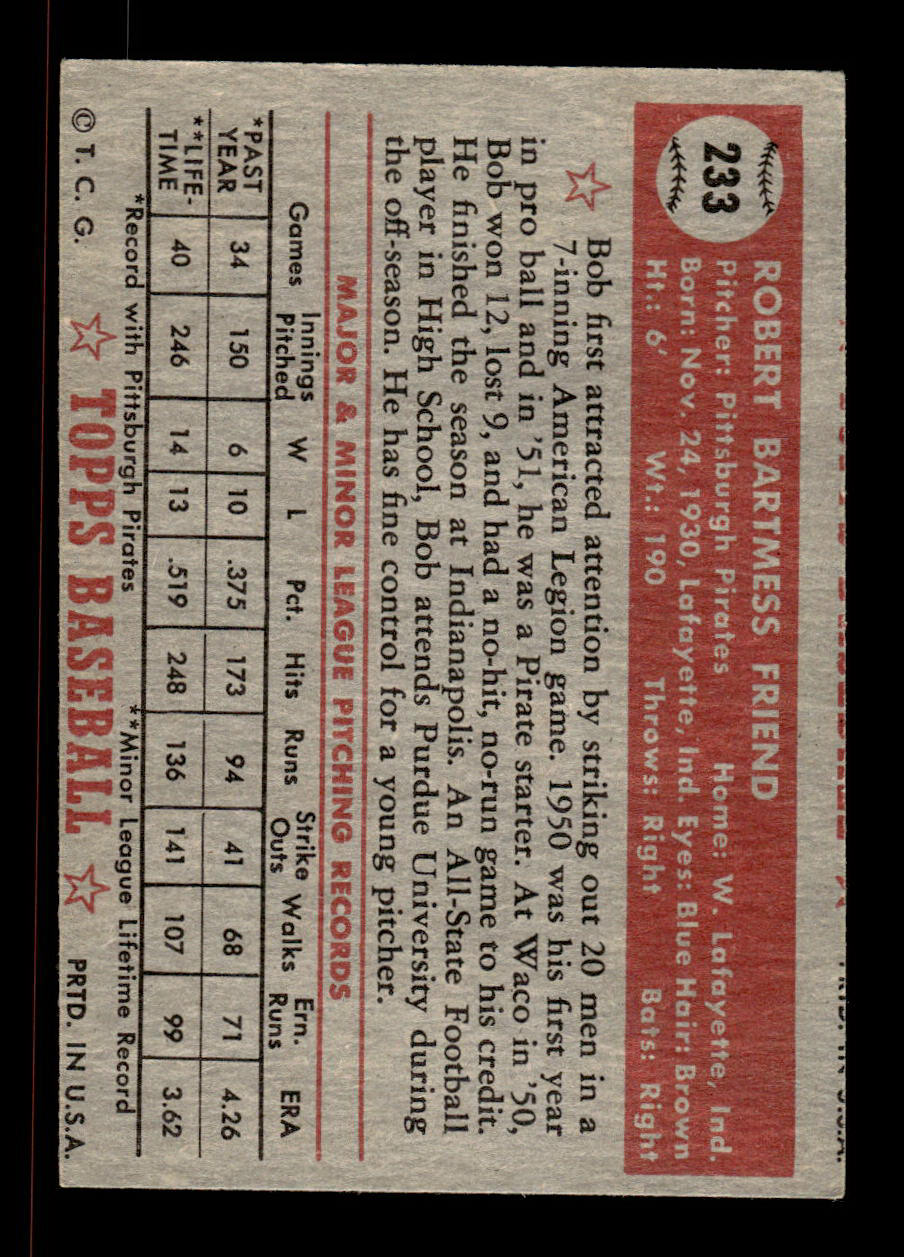 1952 Topps #233 Bob Friend Pittsburgh Pirates Crease Free EX HOF-10006958