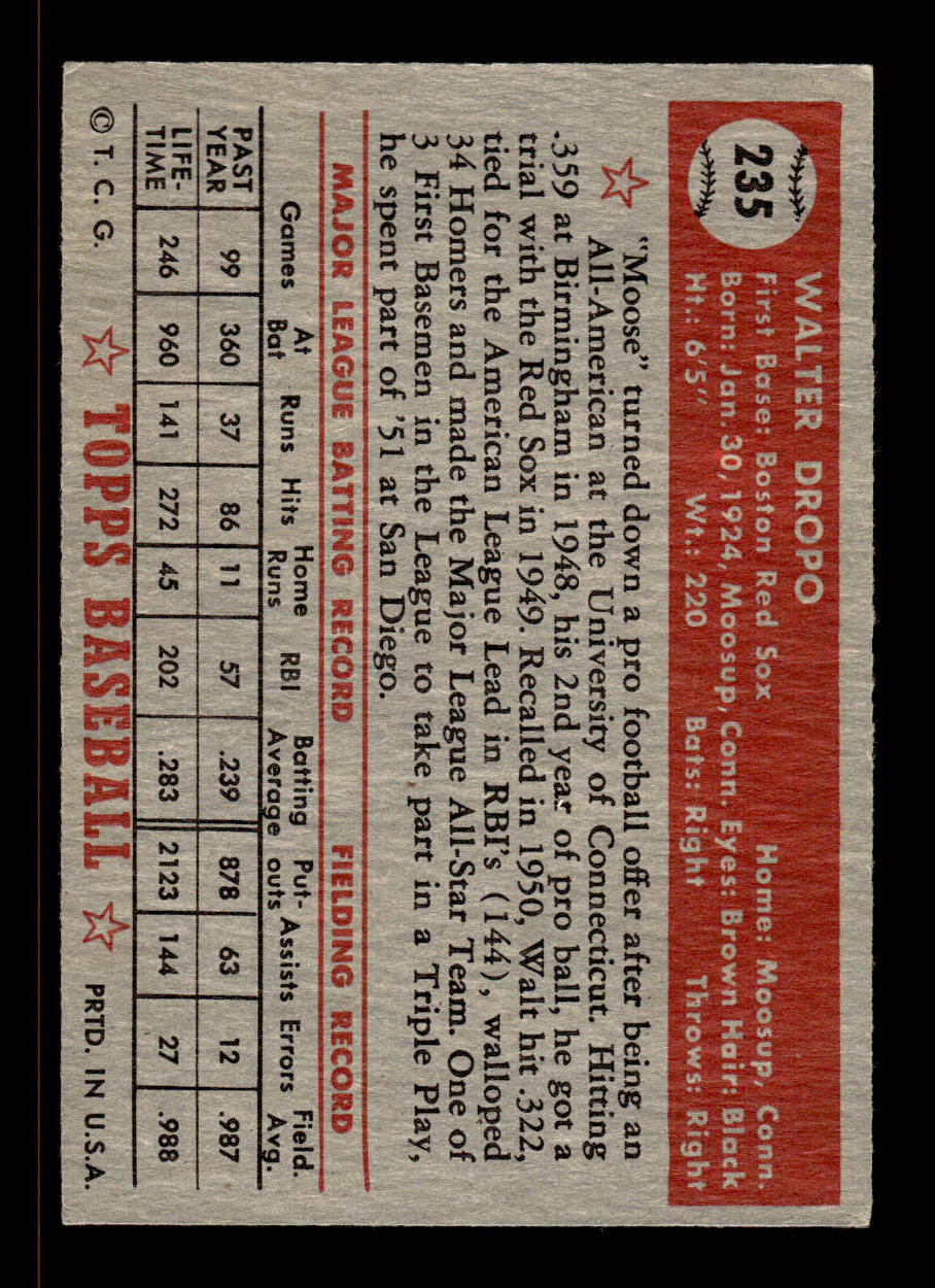1952 Topps #235 Walt Dropo Boston Red Sox Crease Free EXMT HOF-10006960