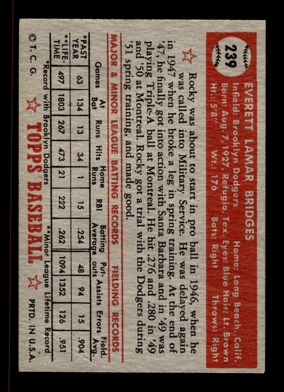 1952 Topps #239 Rocky Bridges Brooklyn Dodgers Crease Free EX HOF-10006963