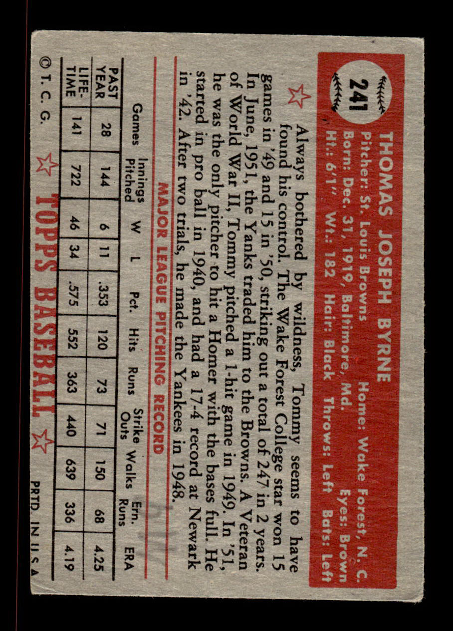 1952 Topps #241 Tommy Byrne St. Louis Browns Crease Free EX HOF-10006965