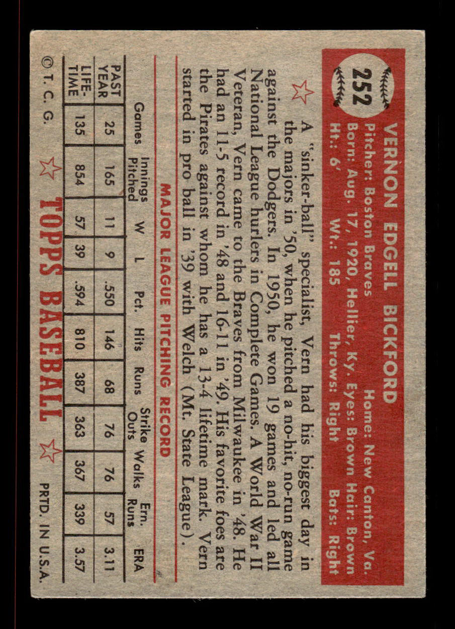 1952 Topps #252 Vern Bickford Boston Braves Crease Free EX HOF-10006976