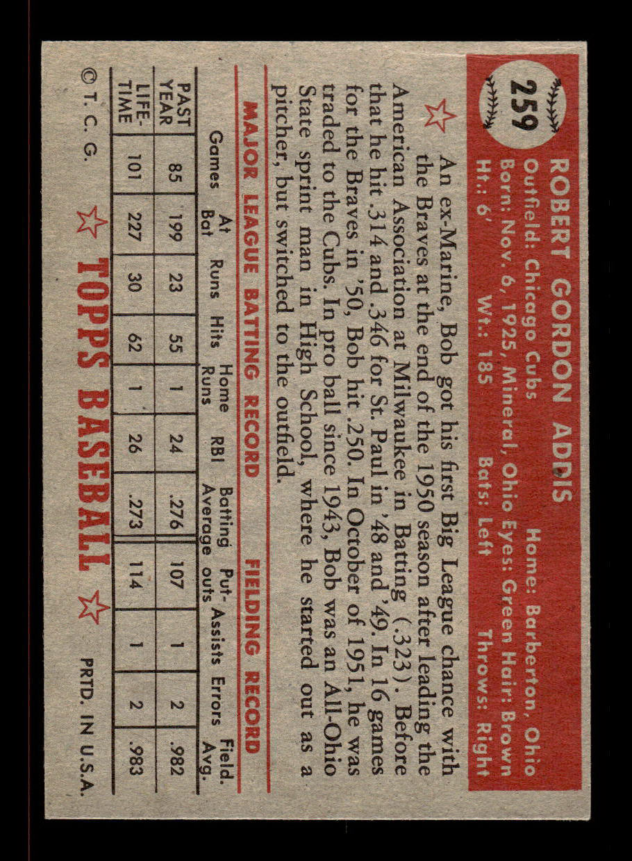 1952 Topps #259 Bob Addis Chicago Cubs Crease Free EX HOF-10006982