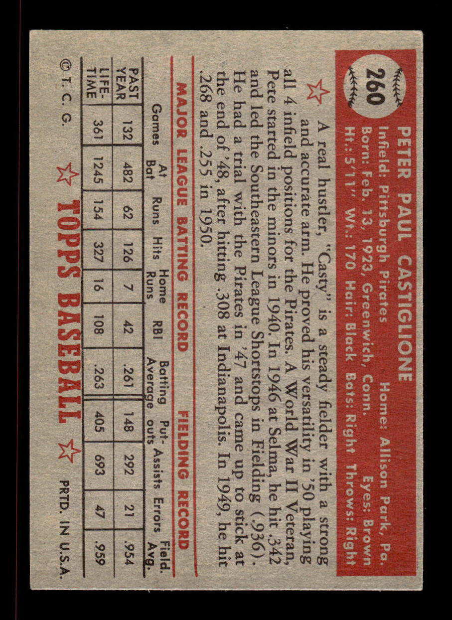 1952 Topps #260 Pete Castiglione Pittsburgh Pirates Crease Free EX HOF-10006983