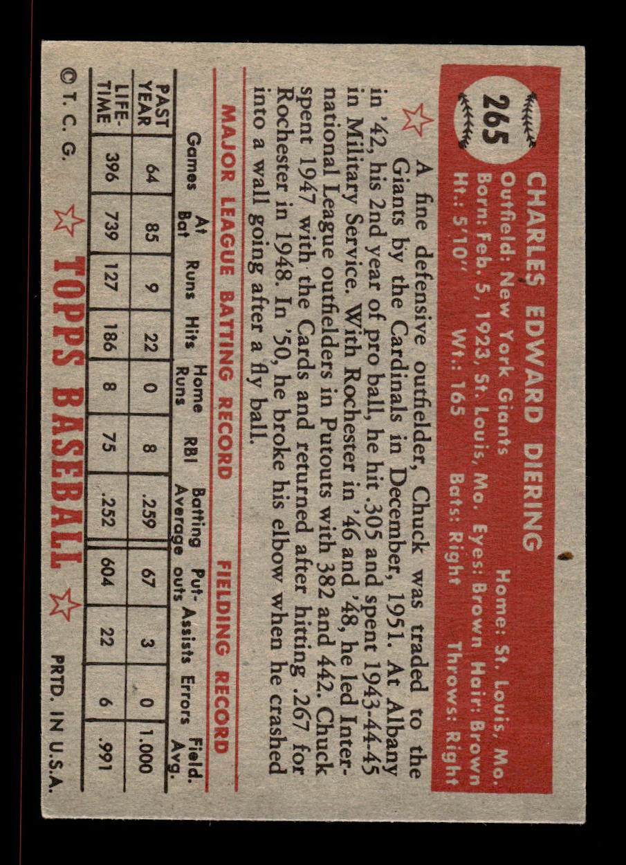 1952 Topps #265 Chuck Diering New York Giants Crease Free EX HOF-10006987