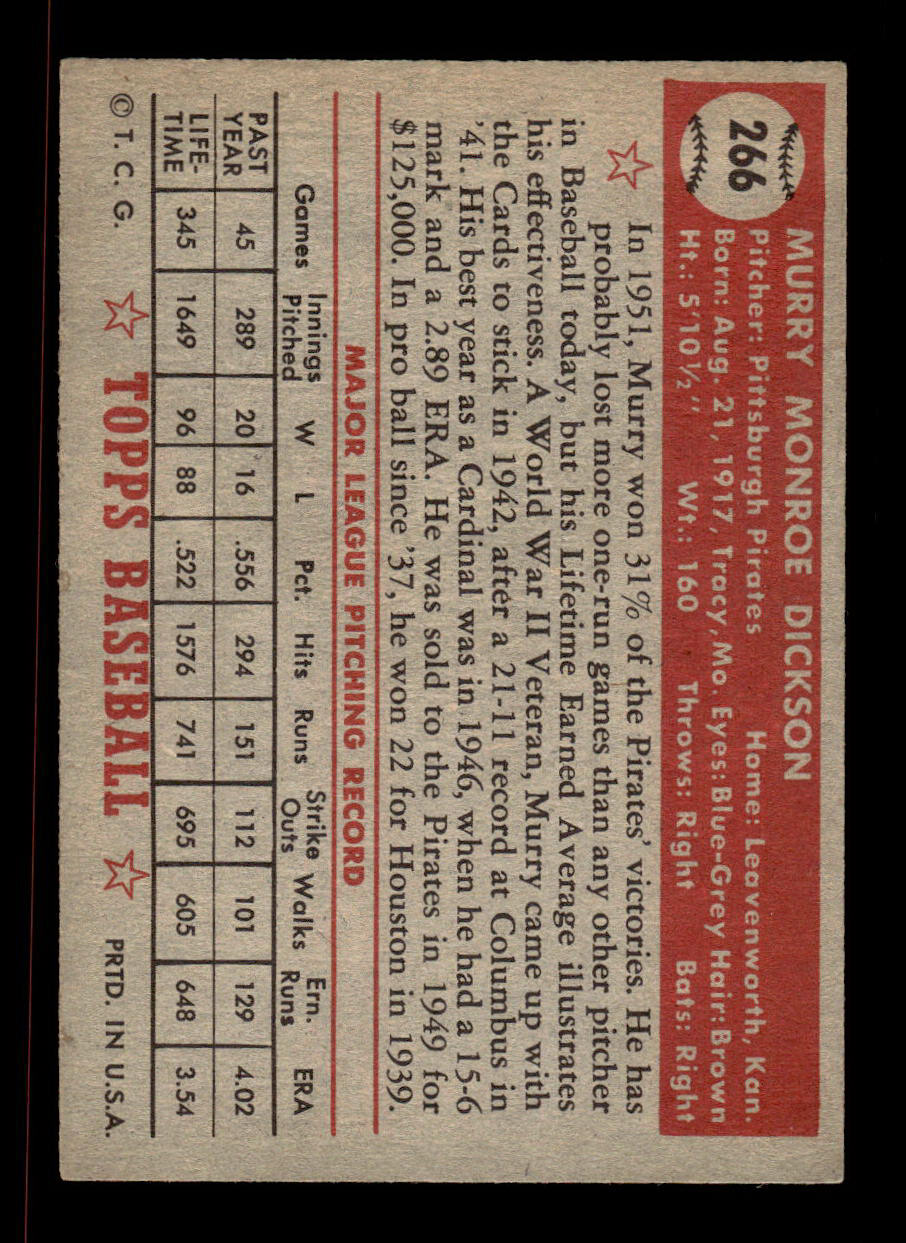 1952 Topps #266 Murry Dickson Pittsburgh Pirates Crease Free EX HOF-10006988