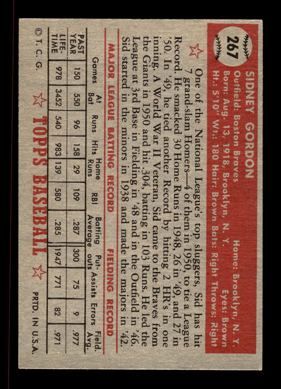 1952 Topps #267 Sid Gordon Boston Braves Crease Free EXMT HOF-10006989