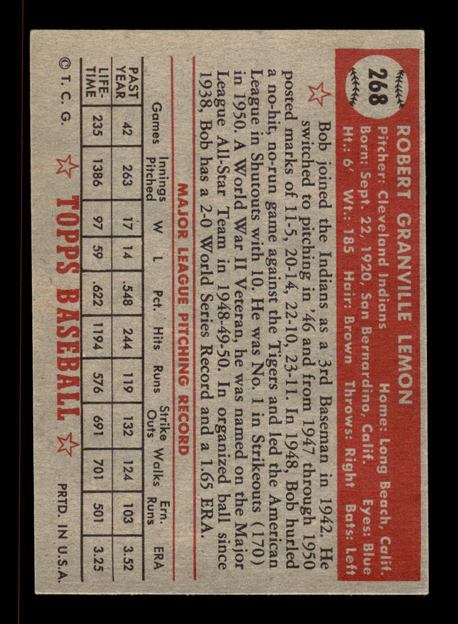 1952 Topps #268 Bob Lemon Cleveland Indians Crease Free EXMT HOF-10006990
