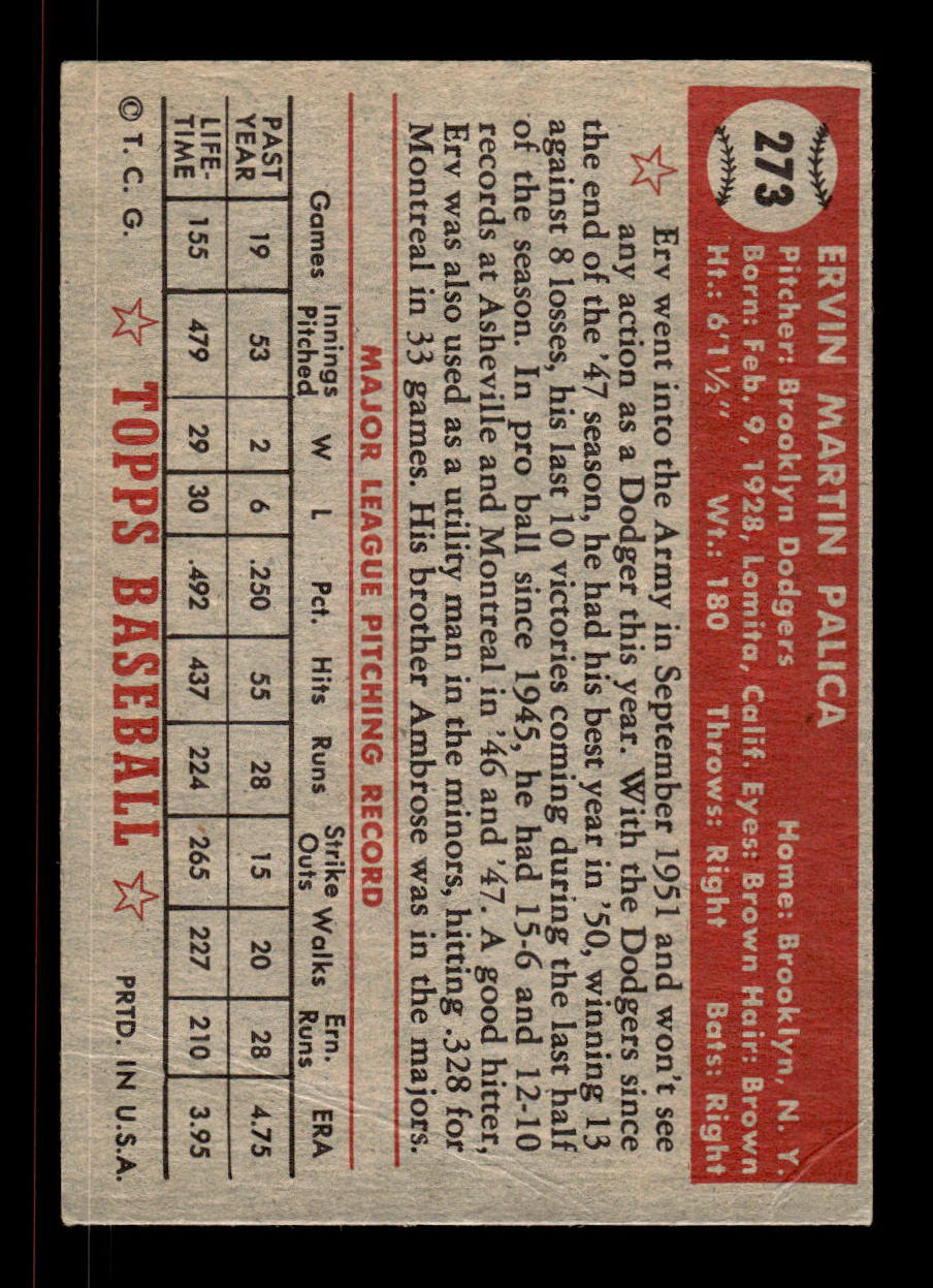 1952 Topps #273 Erv Palica Brooklyn Dodgers Crease Free EX HOF-10006995