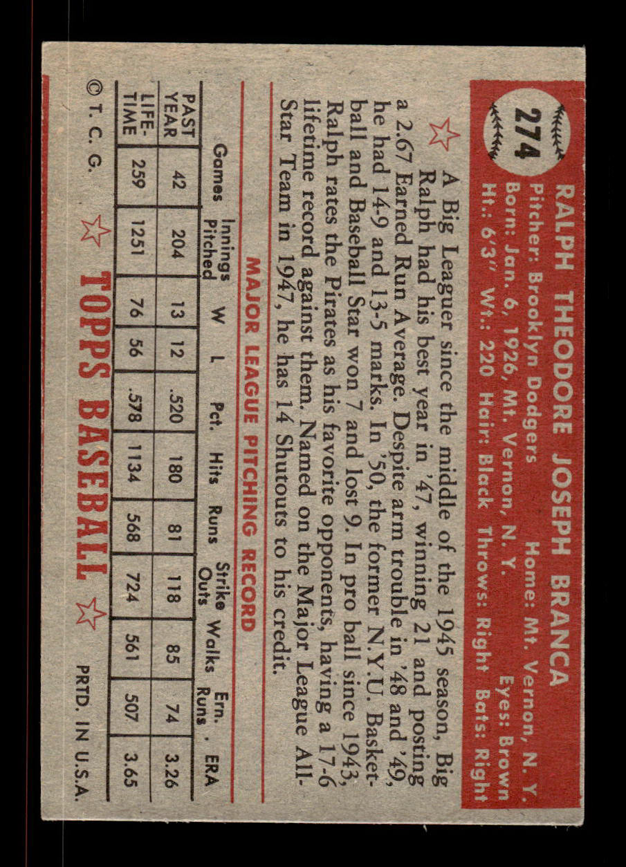 1952 Topps #274 Ralph Branca Brooklyn Dodgers Crease Free EXMT HOF-10006996