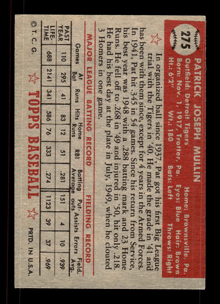 1952 Topps #275 Pat Mullin Detroit Tigers Crease Free EXMT HOF-10006997