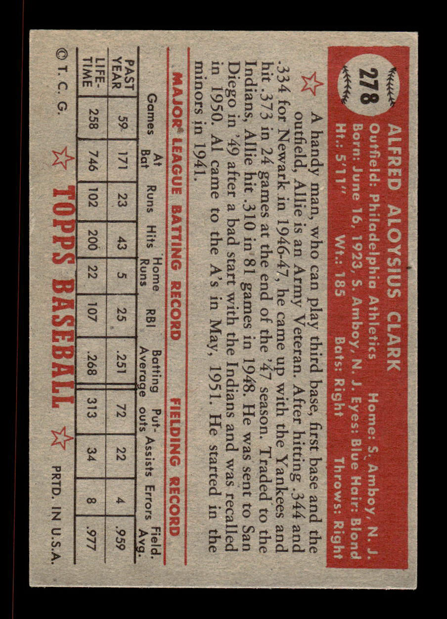 1952 Topps #278 Allie Clark Philadelphia Athletics Crease Free EX HOF-10007000