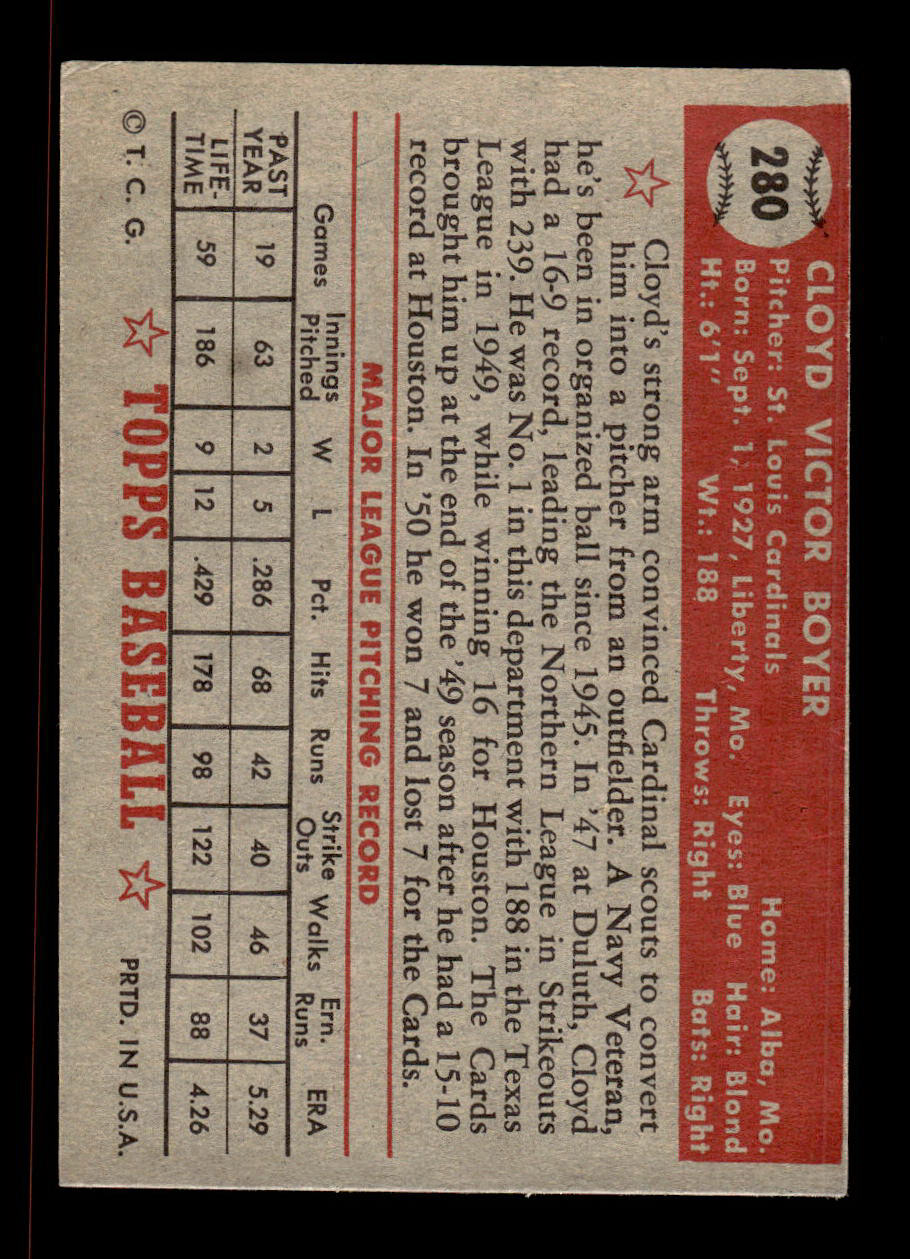 1952 Topps #280 Cloyd Boyer St. Louis Cardinals Crease Free EXMT HOF-10007002